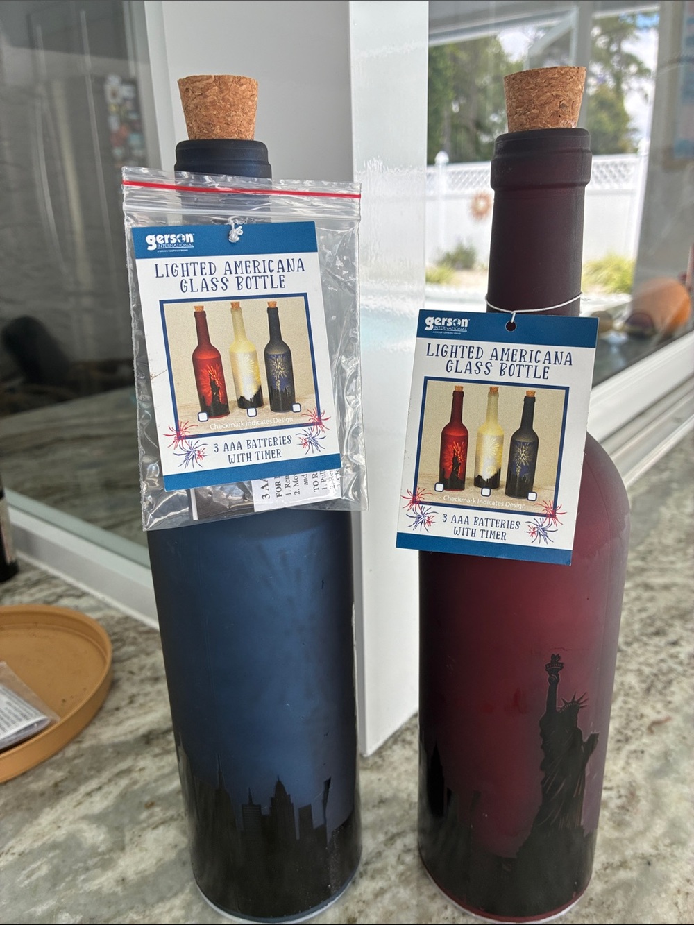 Gerson Lighted Americana Glass Bottle - Blue and Burgundy